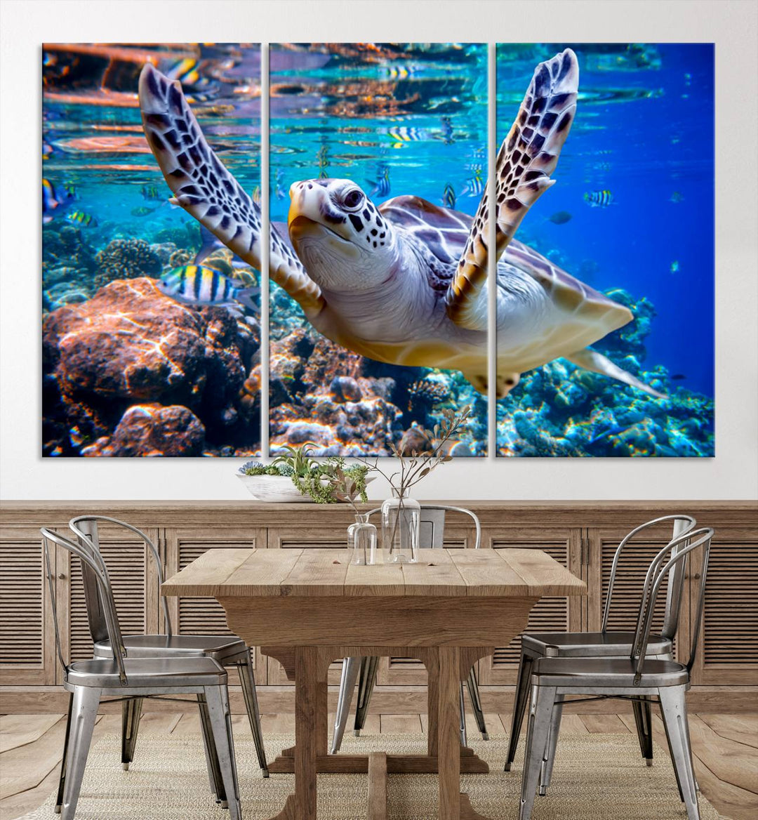 Sea Turtle Underwater Canvas Wall Art Print - Vibrant Ocean Life for Living Room, Bedroom, or Office, Ready to Hang