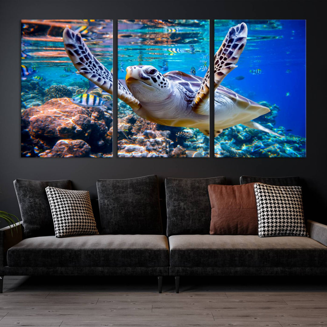 Sea Turtle Underwater Canvas Wall Art Print - Vibrant Ocean Life for Living Room, Bedroom, or Office, Ready to Hang