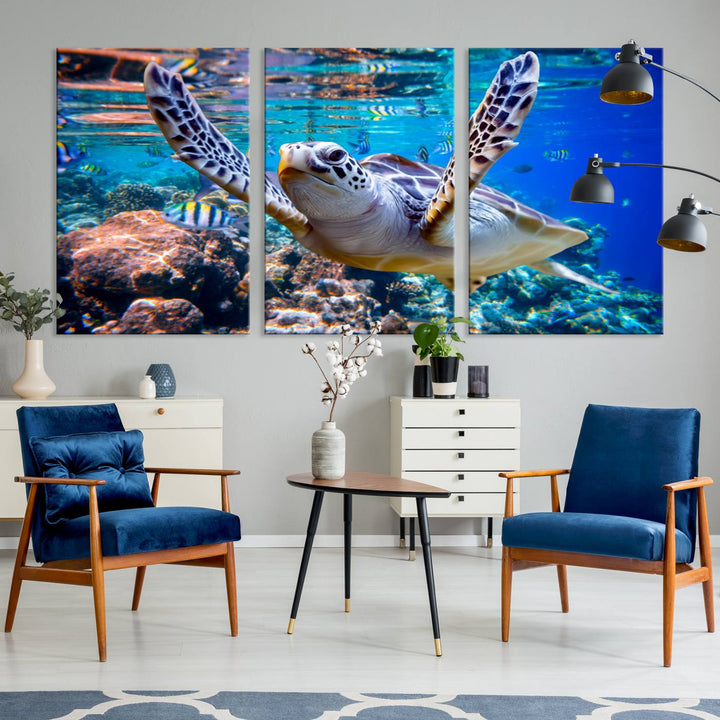 Sea Turtle Underwater Canvas Wall Art Print - Vibrant Ocean Life for Living Room, Bedroom, or Office, Ready to Hang