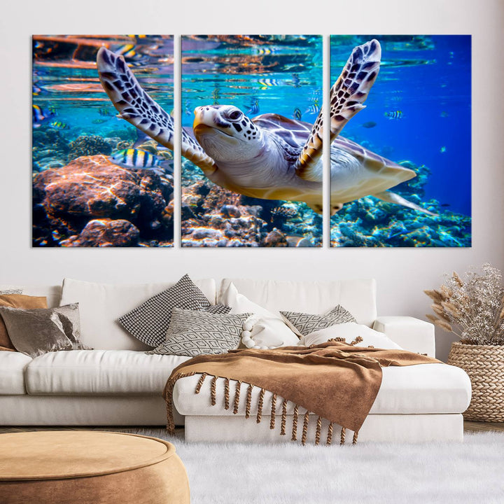 Sea Turtle Underwater Canvas Wall Art Print - Vibrant Ocean Life for Living Room, Bedroom, or Office, Ready to Hang