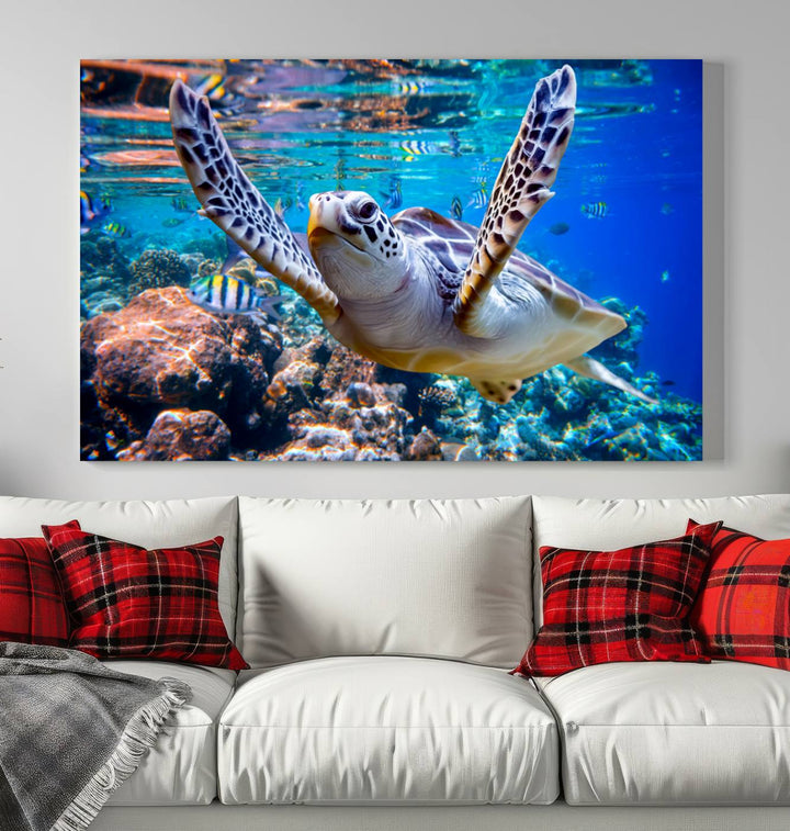 Sea Turtle Underwater Canvas Wall Art Print - Vibrant Ocean Life for Living Room, Bedroom, or Office, Ready to Hang