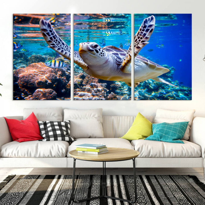 Sea Turtle Underwater Canvas Wall Art Print - Vibrant Ocean Life for Living Room, Bedroom, or Office, Ready to Hang