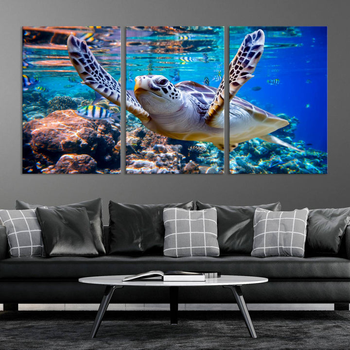 Sea Turtle Underwater Canvas Wall Art Print - Vibrant Ocean Life for Living Room, Bedroom, or Office, Ready to Hang