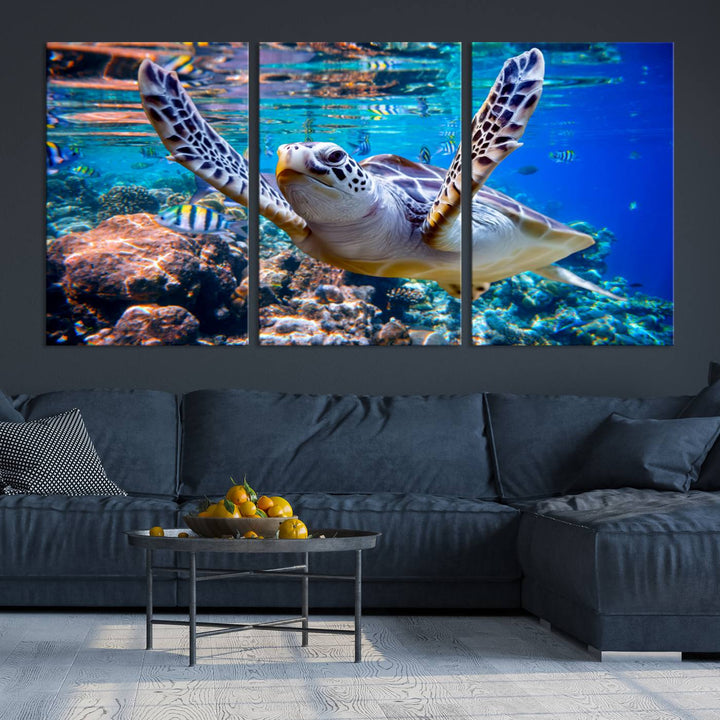 Sea Turtle Underwater Canvas Wall Art Print - Vibrant Ocean Life for Living Room, Bedroom, or Office, Ready to Hang