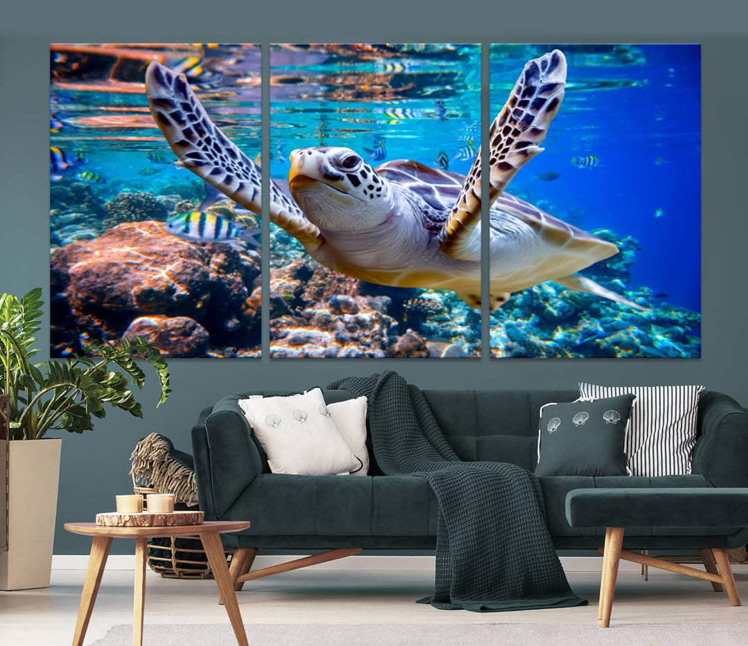 Sea Turtle Underwater Canvas Wall Art Print - Vibrant Ocean Life for Living Room, Bedroom, or Office, Ready to Hang