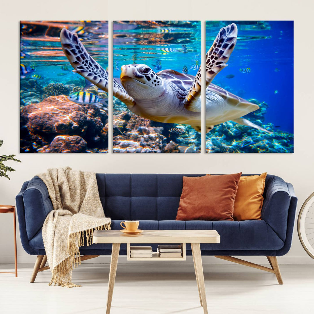 Sea Turtle Underwater Canvas Wall Art Print - Vibrant Ocean Life for Living Room, Bedroom, or Office, Ready to Hang