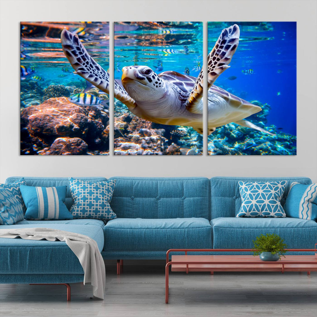 Sea Turtle Underwater Canvas Wall Art Print - Vibrant Ocean Life for Living Room, Bedroom, or Office, Ready to Hang