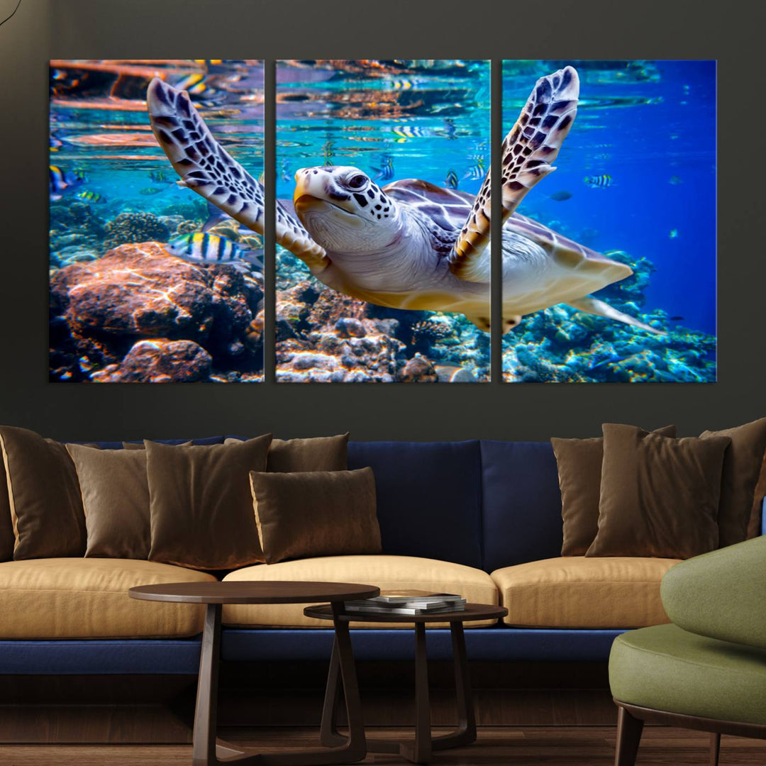 Sea Turtle Underwater Canvas Wall Art Print - Vibrant Ocean Life for Living Room, Bedroom, or Office, Ready to Hang