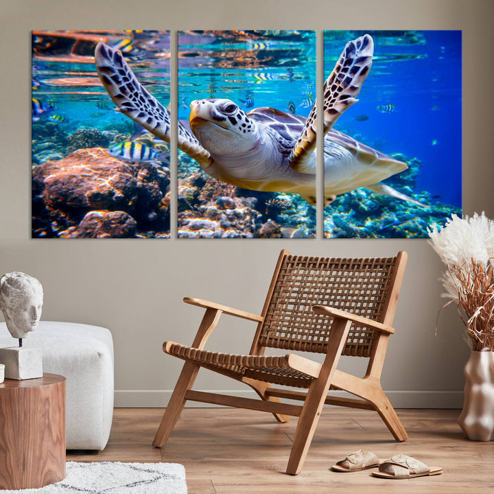 Sea Turtle Underwater Canvas Wall Art Print - Vibrant Ocean Life for Living Room, Bedroom, or Office, Ready to Hang