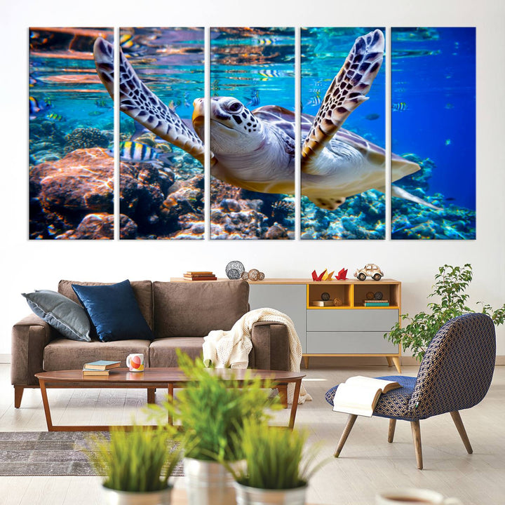 Sea Turtle Underwater Canvas Wall Art Print - Vibrant Ocean Life for Living Room, Bedroom, or Office, Ready to Hang