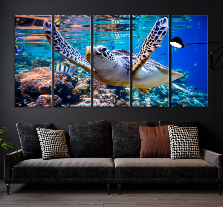 Sea Turtle Underwater Canvas Wall Art Print - Vibrant Ocean Life for Living Room, Bedroom, or Office, Ready to Hang