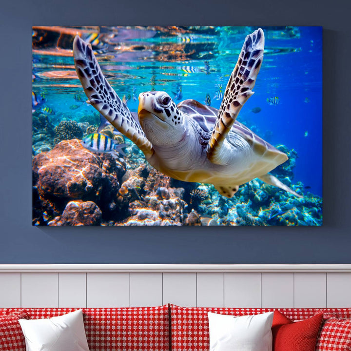 Sea Turtle Underwater Canvas Wall Art Print - Vibrant Ocean Life for Living Room, Bedroom, or Office, Ready to Hang