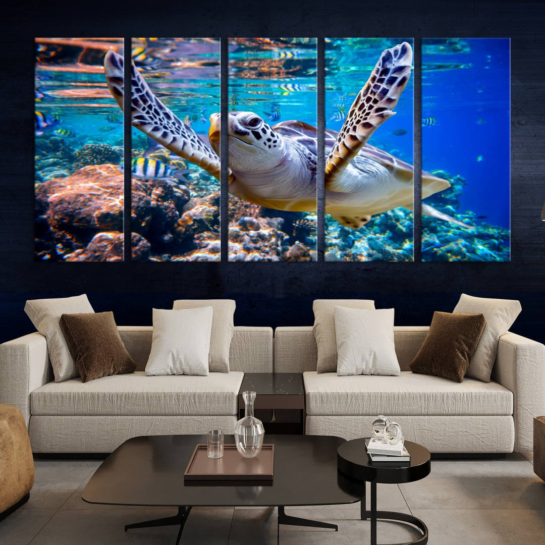 Sea Turtle Underwater Canvas Wall Art Print - Vibrant Ocean Life for Living Room, Bedroom, or Office, Ready to Hang