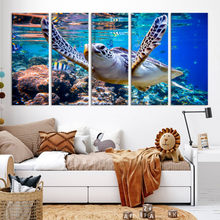 Sea Turtle Underwater Canvas Wall Art Print - Vibrant Ocean Life for Living Room, Bedroom, or Office, Ready to Hang