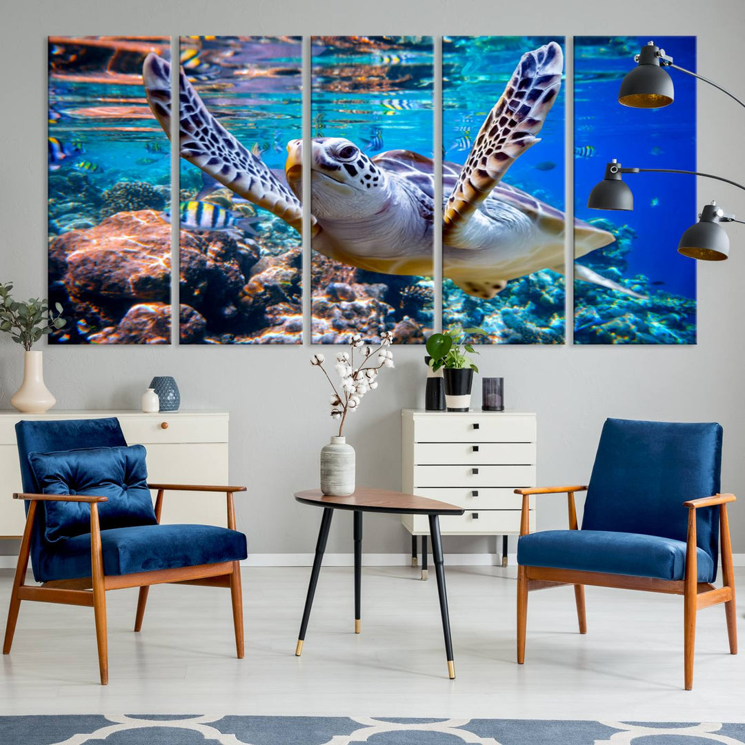 Sea Turtle Underwater Canvas Wall Art Print - Vibrant Ocean Life for Living Room, Bedroom, or Office, Ready to Hang