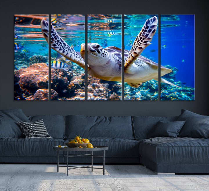 Sea Turtle Underwater Canvas Wall Art Print - Vibrant Ocean Life for Living Room, Bedroom, or Office, Ready to Hang