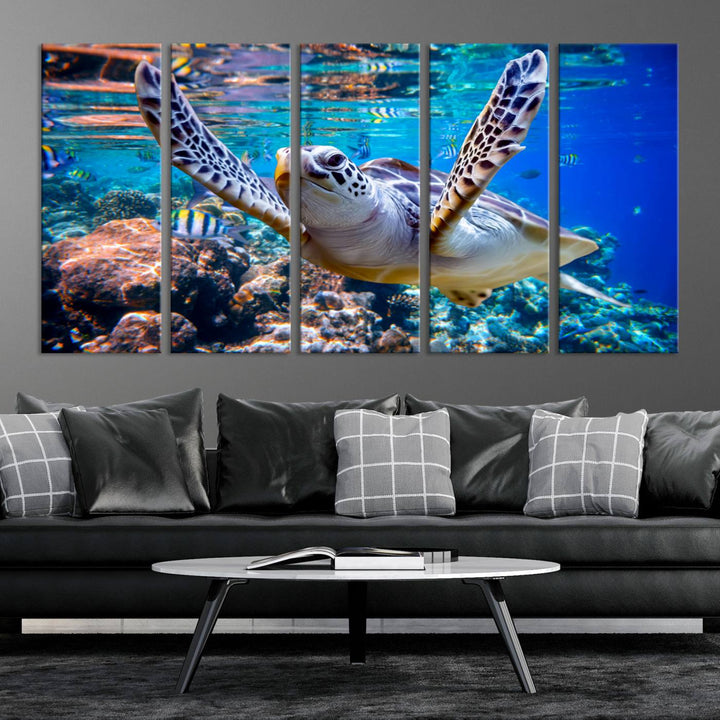 Sea Turtle Underwater Canvas Wall Art Print - Vibrant Ocean Life for Living Room, Bedroom, or Office, Ready to Hang