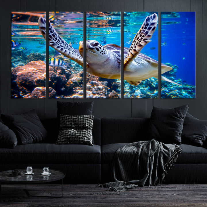 Sea Turtle Underwater Canvas Wall Art Print - Vibrant Ocean Life for Living Room, Bedroom, or Office, Ready to Hang