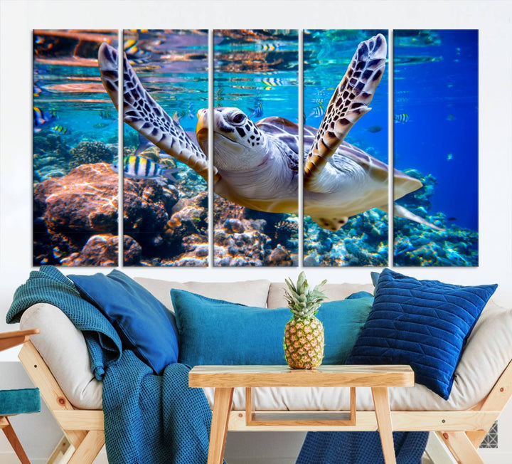 Sea Turtle Underwater Canvas Wall Art Print - Vibrant Ocean Life for Living Room, Bedroom, or Office, Ready to Hang