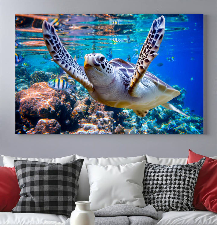 Sea Turtle Underwater Canvas Wall Art Print - Vibrant Ocean Life for Living Room, Bedroom, or Office, Ready to Hang