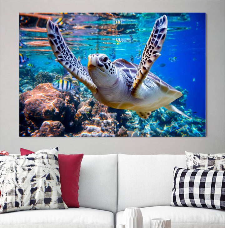 Sea Turtle Underwater Canvas Wall Art Print - Vibrant Ocean Life for Living Room, Bedroom, or Office, Ready to Hang