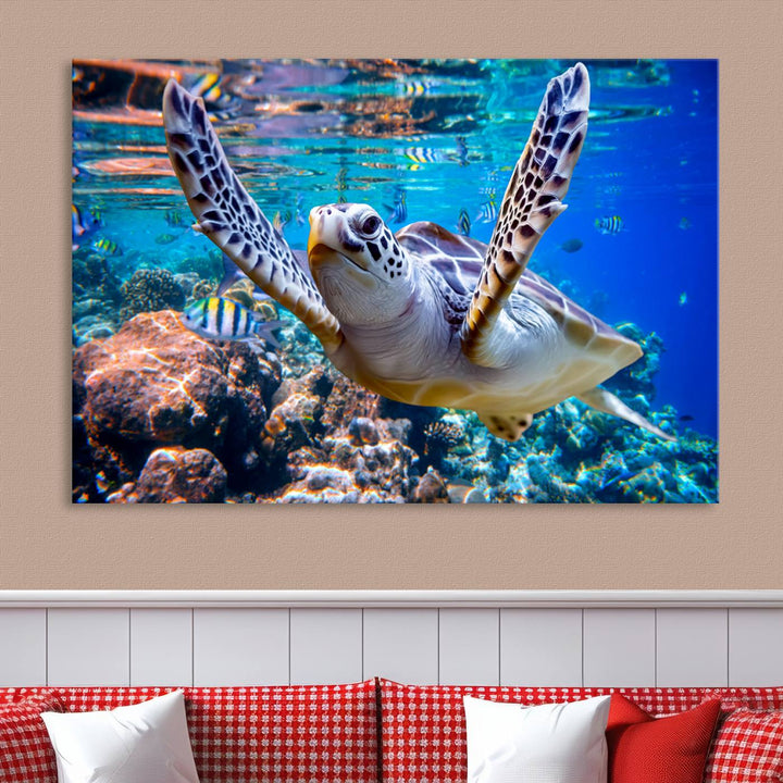 Sea Turtle Underwater Canvas Wall Art Print - Vibrant Ocean Life for Living Room, Bedroom, or Office, Ready to Hang