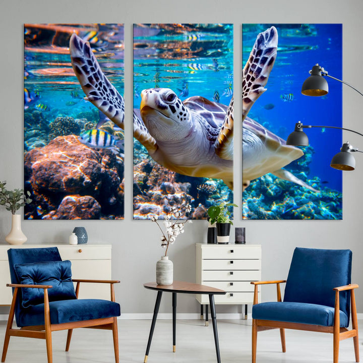 Sea Turtle Underwater Canvas Wall Art Print - Vibrant Ocean Life for Living Room, Bedroom, or Office, Ready to Hang