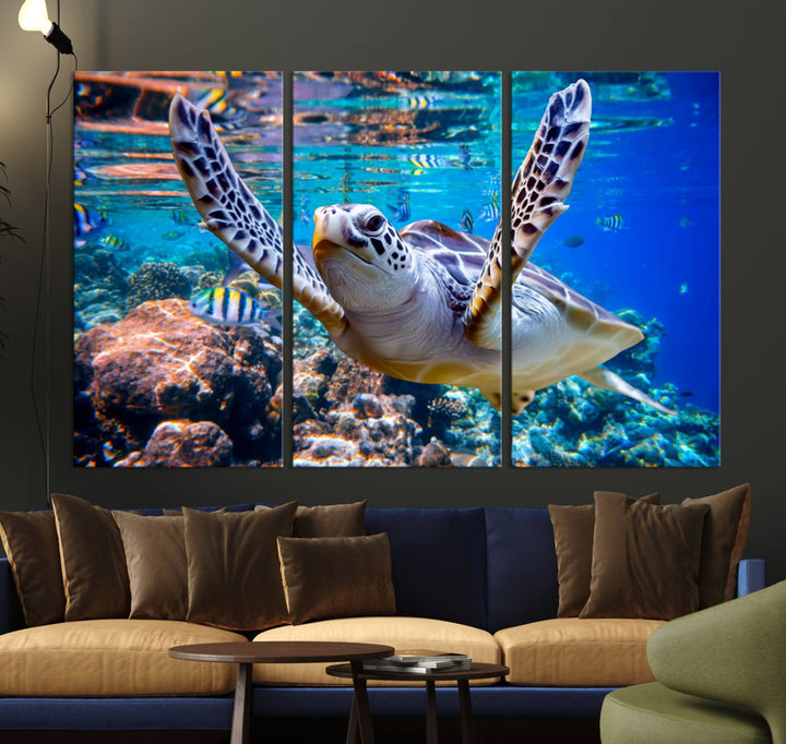 Sea Turtle Underwater Canvas Wall Art Print - Vibrant Ocean Life for Living Room, Bedroom, or Office, Ready to Hang