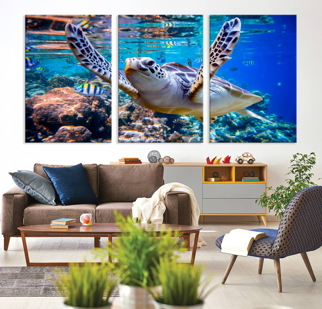 Sea Turtle Underwater Canvas Wall Art Print - Vibrant Ocean Life for Living Room, Bedroom, or Office, Ready to Hang