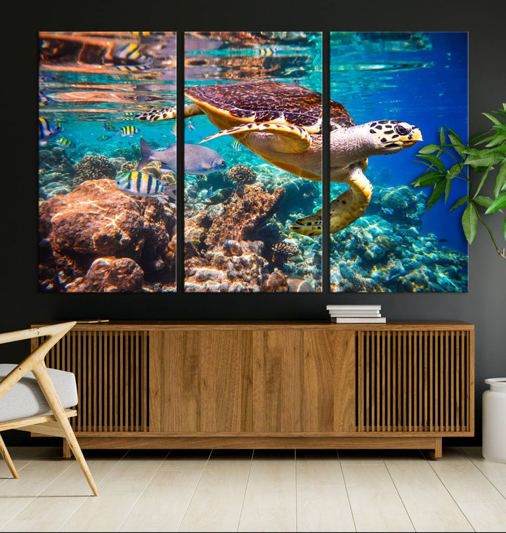 Sea Turtle Underwater Canvas Wall Art Print, Vibrant Ocean Scene with Coral Reef and Marine Life, Large Turtle Wall Art for Living Room Decor