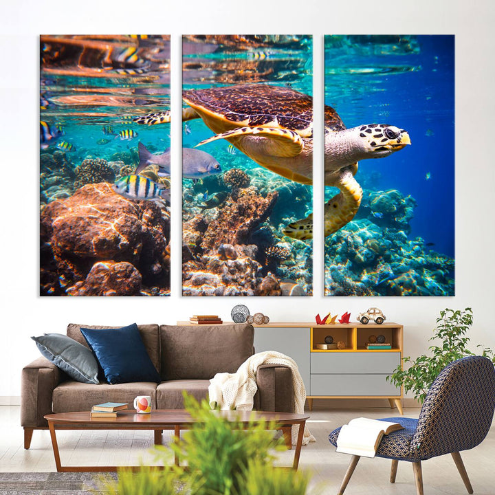 Sea Turtle Underwater Canvas Wall Art Print, Vibrant Ocean Scene with Coral Reef and Marine Life, Large Turtle Wall Art for Living Room Decor