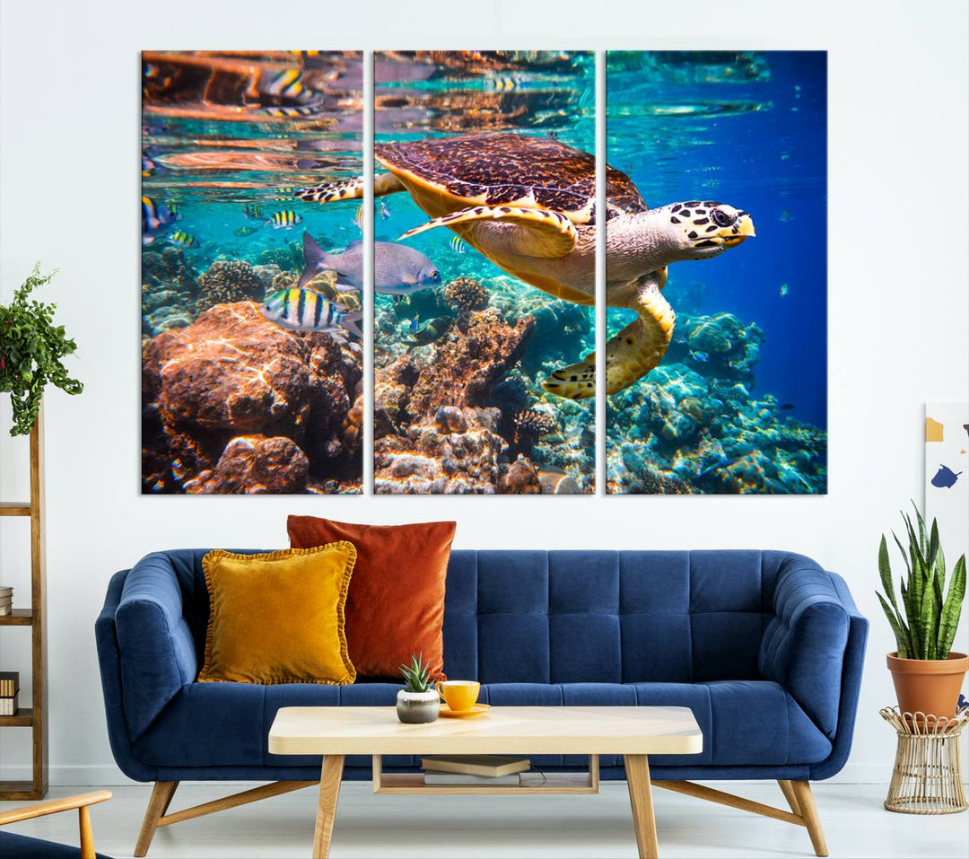 Sea Turtle Underwater Canvas Wall Art Print, Vibrant Ocean Scene with Coral Reef and Marine Life, Large Turtle Wall Art for Living Room Decor