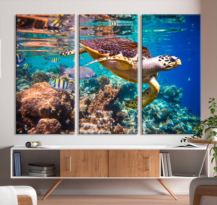 Sea Turtle Underwater Canvas Wall Art Print, Vibrant Ocean Scene with Coral Reef and Marine Life, Large Turtle Wall Art for Living Room Decor