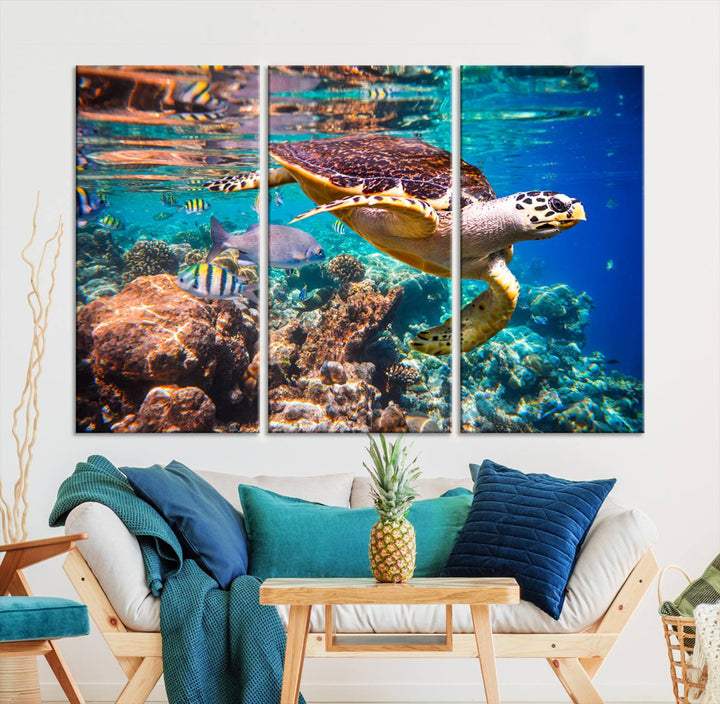 Sea Turtle Underwater Canvas Wall Art Print, Vibrant Ocean Scene with Coral Reef and Marine Life, Large Turtle Wall Art for Living Room Decor