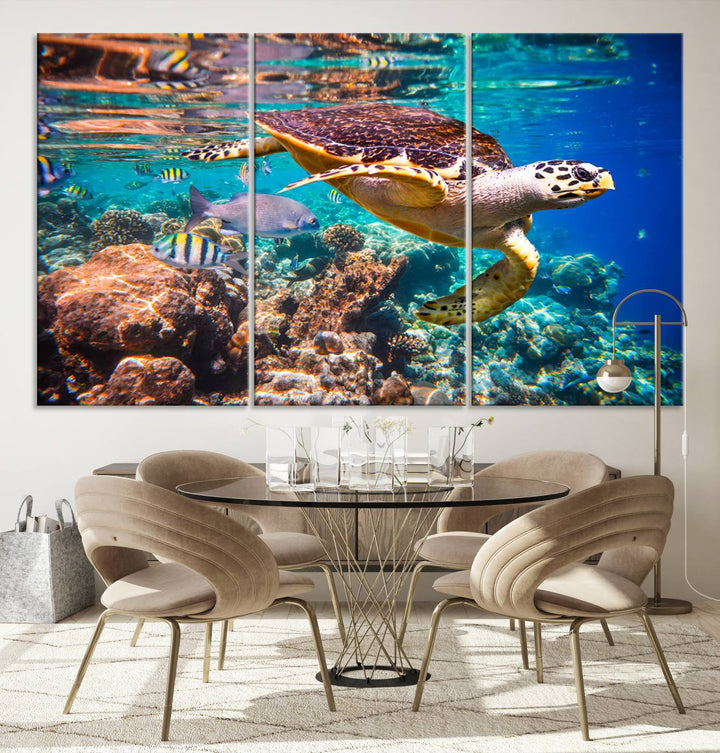 Sea Turtle Underwater Canvas Wall Art Print, Vibrant Ocean Scene with Coral Reef and Marine Life, Large Turtle Wall Art for Living Room Decor