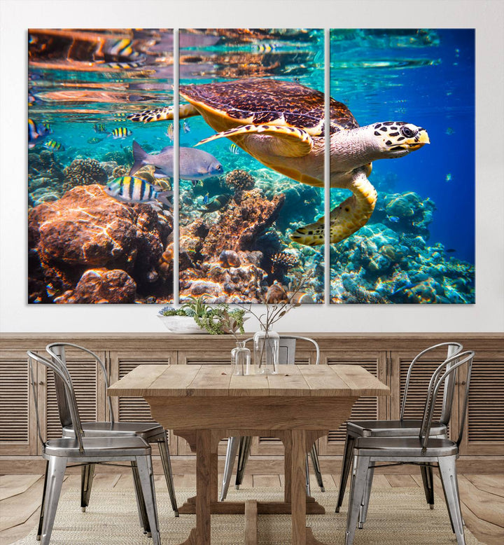 Sea Turtle Underwater Canvas Wall Art Print, Vibrant Ocean Scene with Coral Reef and Marine Life, Large Turtle Wall Art for Living Room Decor