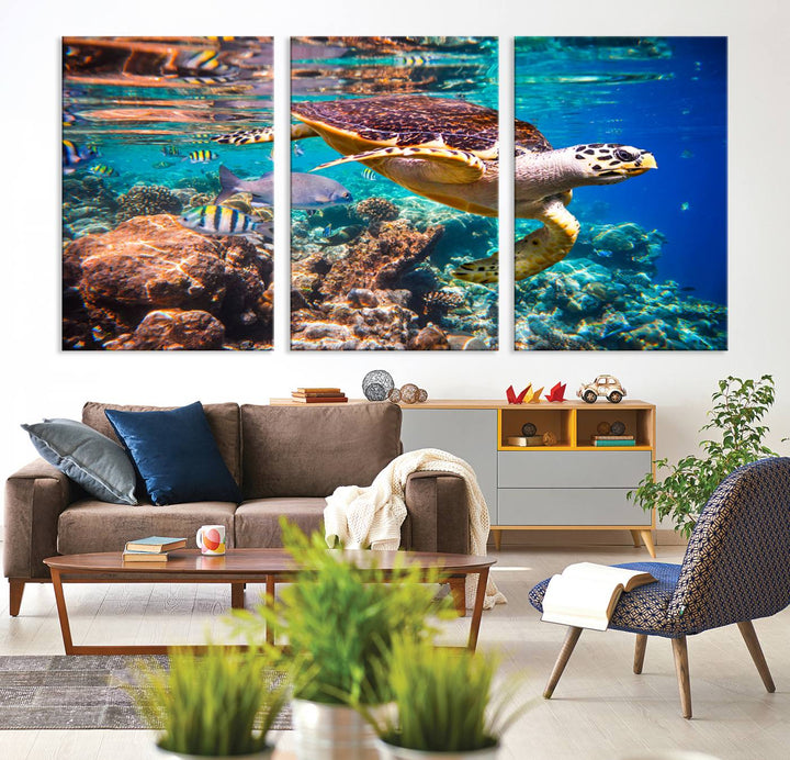 Sea Turtle Underwater Canvas Wall Art Print, Vibrant Ocean Scene with Coral Reef and Marine Life, Large Turtle Wall Art for Living Room Decor