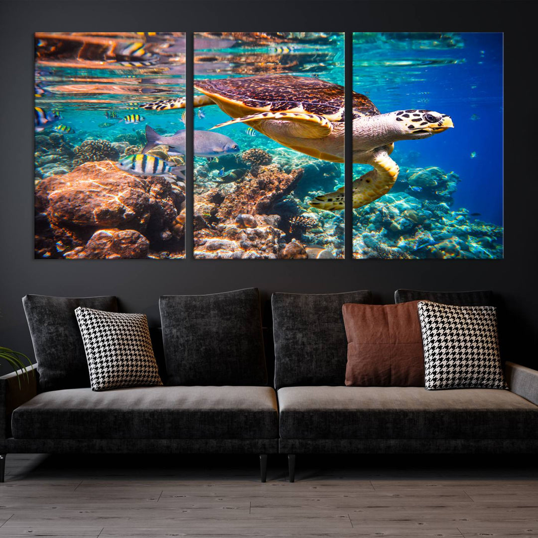 Sea Turtle Underwater Canvas Wall Art Print, Vibrant Ocean Scene with Coral Reef and Marine Life, Large Turtle Wall Art for Living Room Decor