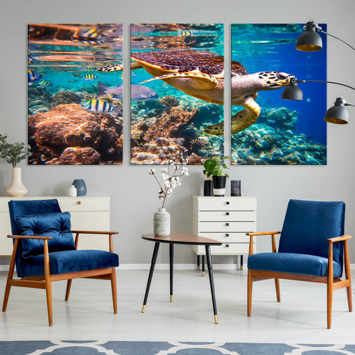 Sea Turtle Underwater Canvas Wall Art Print, Vibrant Ocean Scene with Coral Reef and Marine Life, Large Turtle Wall Art for Living Room Decor