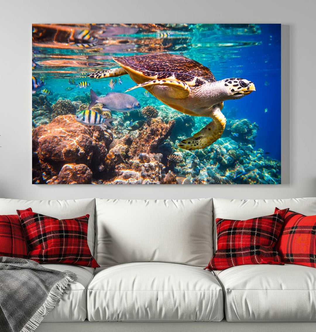 Sea Turtle Underwater Canvas Wall Art Print, Vibrant Ocean Scene with Coral Reef and Marine Life, Large Turtle Wall Art for Living Room Decor