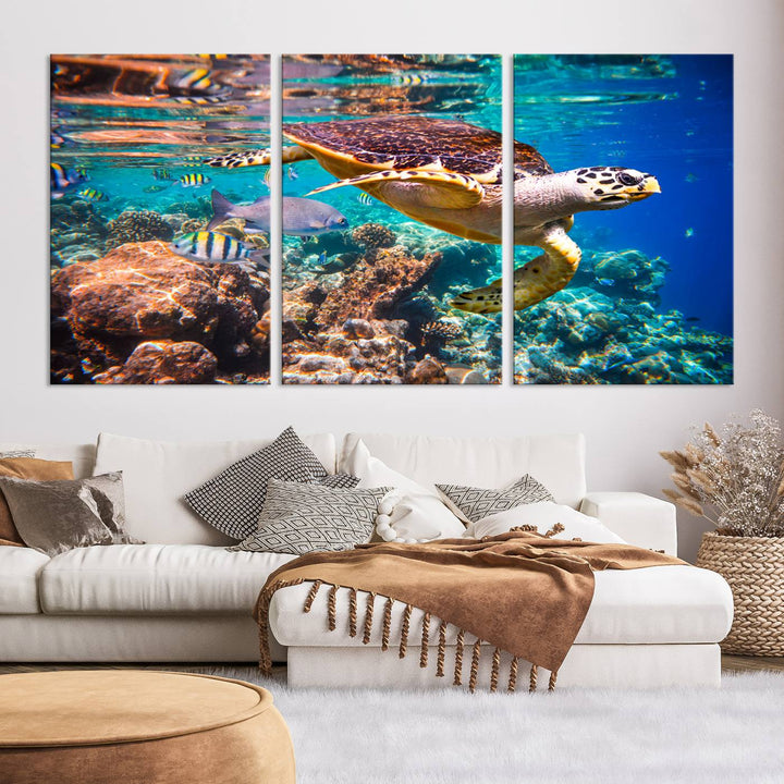 Sea Turtle Underwater Canvas Wall Art Print, Vibrant Ocean Scene with Coral Reef and Marine Life, Large Turtle Wall Art for Living Room Decor