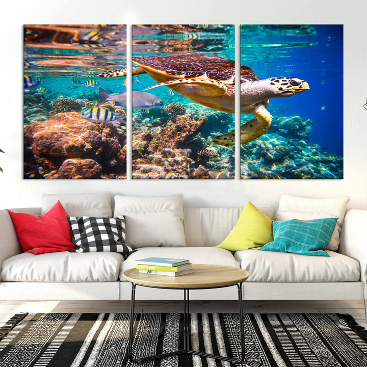 Sea Turtle Underwater Canvas Wall Art Print, Vibrant Ocean Scene with Coral Reef and Marine Life, Large Turtle Wall Art for Living Room Decor