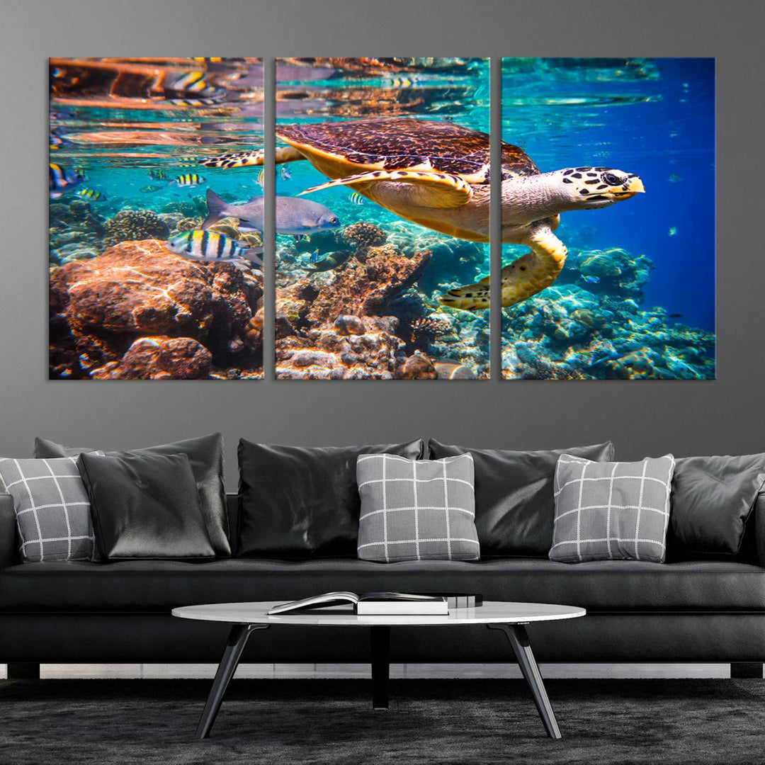 Sea Turtle Underwater Canvas Wall Art Print, Vibrant Ocean Scene with Coral Reef and Marine Life, Large Turtle Wall Art for Living Room Decor