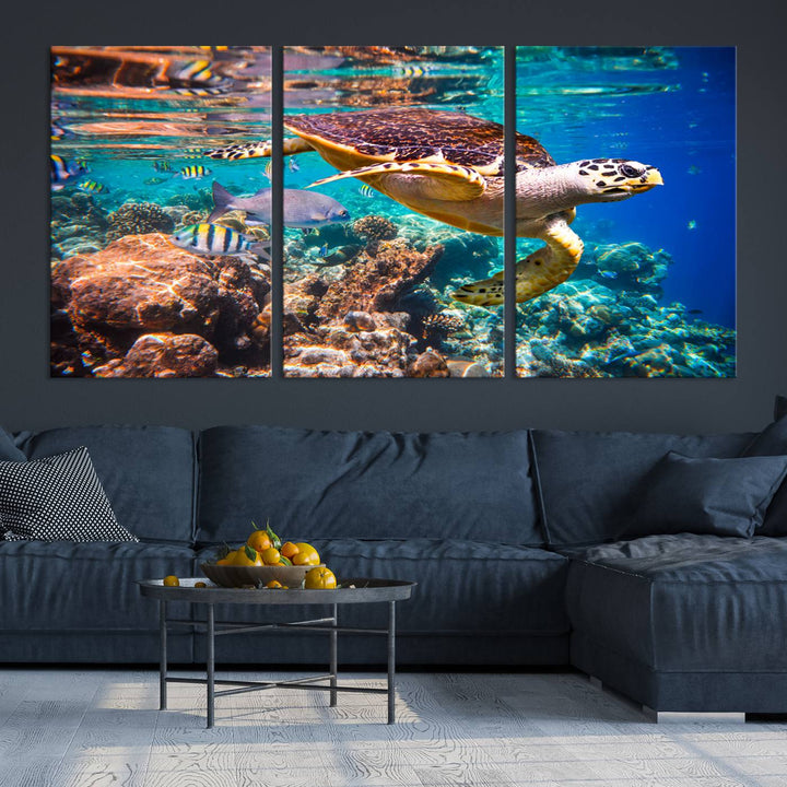 Sea Turtle Underwater Canvas Wall Art Print, Vibrant Ocean Scene with Coral Reef and Marine Life, Large Turtle Wall Art for Living Room Decor