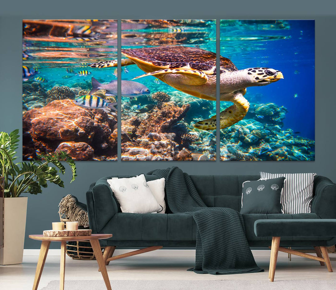 Sea Turtle Underwater Canvas Wall Art Print, Vibrant Ocean Scene with Coral Reef and Marine Life, Large Turtle Wall Art for Living Room Decor