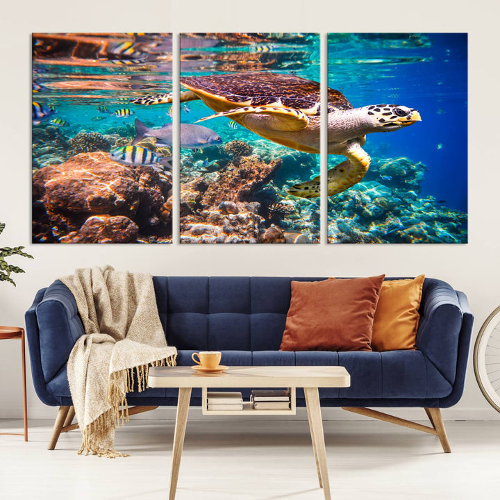 Sea Turtle Underwater Canvas Wall Art Print, Vibrant Ocean Scene with Coral Reef and Marine Life, Large Turtle Wall Art for Living Room Decor