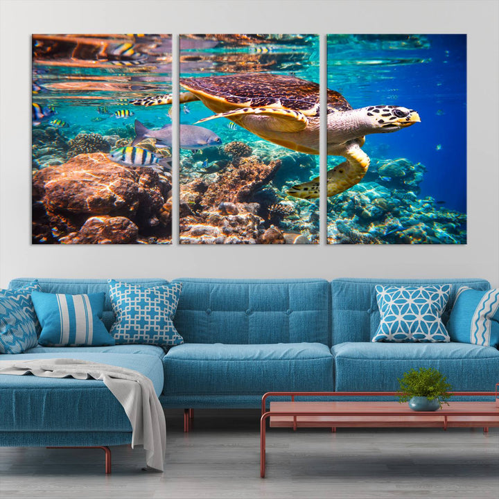 Sea Turtle Underwater Canvas Wall Art Print, Vibrant Ocean Scene with Coral Reef and Marine Life, Large Turtle Wall Art for Living Room Decor