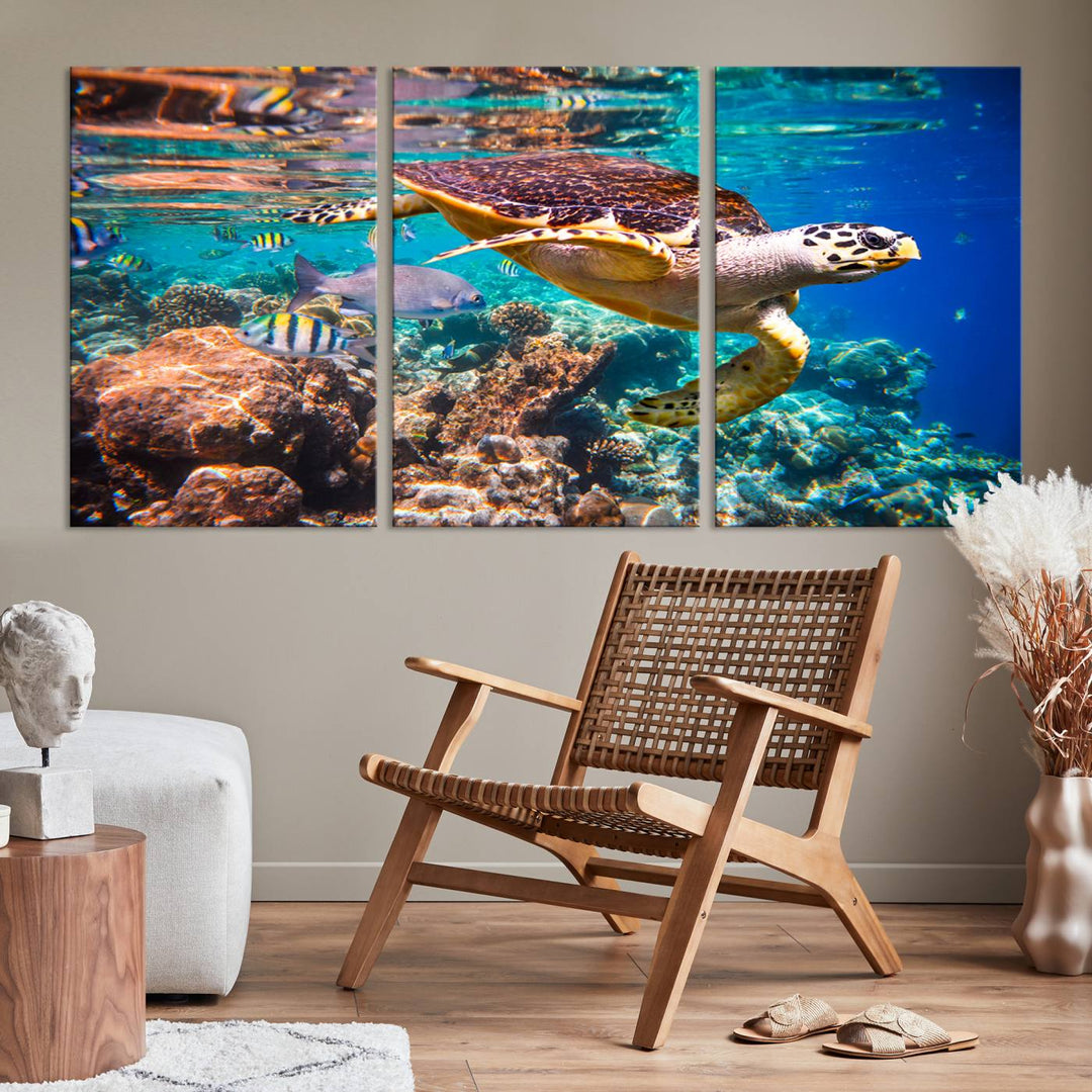 Sea Turtle Underwater Canvas Wall Art Print, Vibrant Ocean Scene with Coral Reef and Marine Life, Large Turtle Wall Art for Living Room Decor