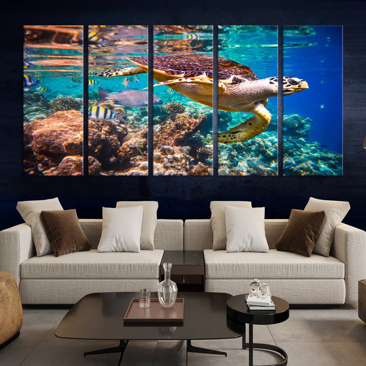 Sea Turtle Underwater Canvas Wall Art Print, Vibrant Ocean Scene with Coral Reef and Marine Life, Large Turtle Wall Art for Living Room Decor