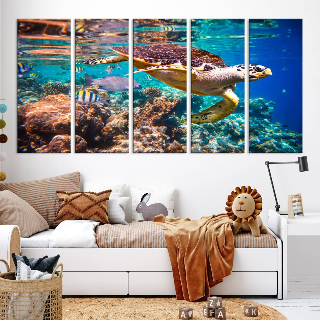 Sea Turtle Underwater Canvas Wall Art Print, Vibrant Ocean Scene with Coral Reef and Marine Life, Large Turtle Wall Art for Living Room Decor